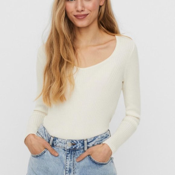 NEW Vero Moda Off White Willow Ribbed Knit Long Sleeve Angle Neck Blouse Sz L - Picture 1 of 10